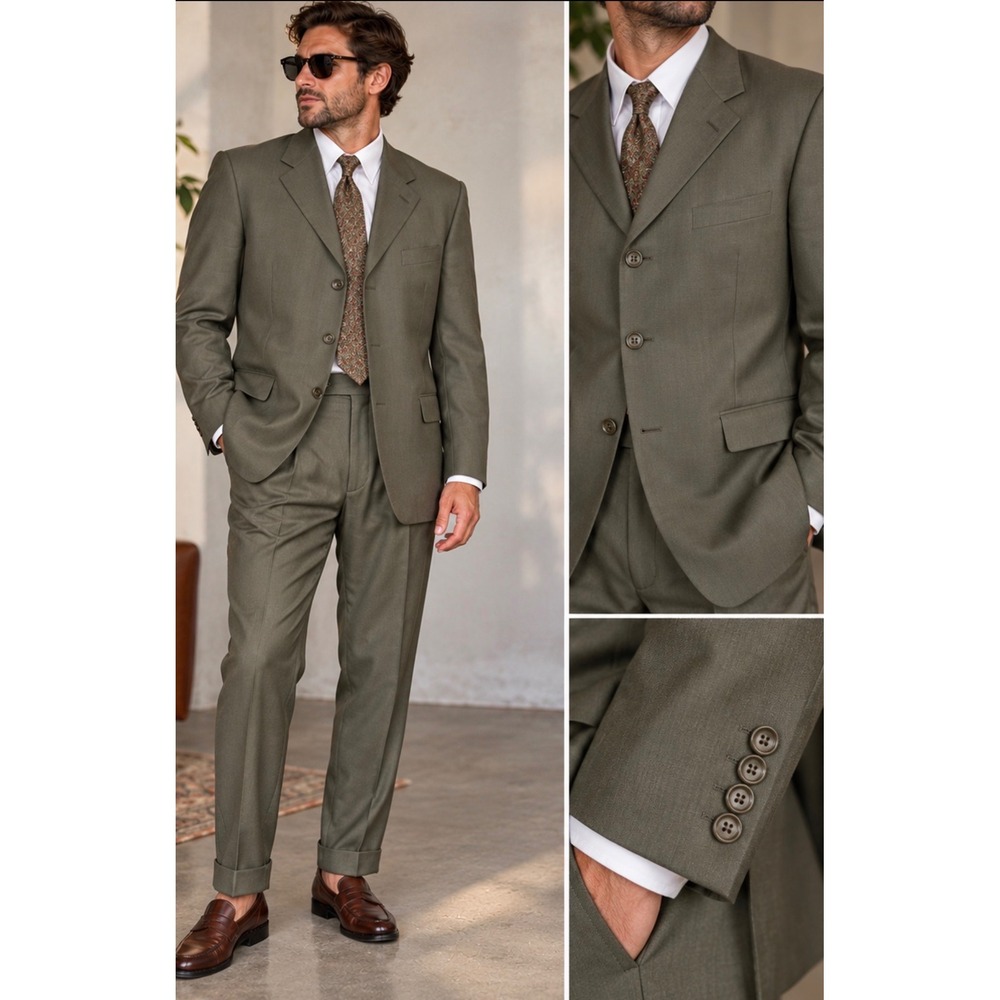 Vtg Ferretti 2-Piece Mens Suit Jacket/Cuffed Pants wool 44R blazer 38R pants Y2k